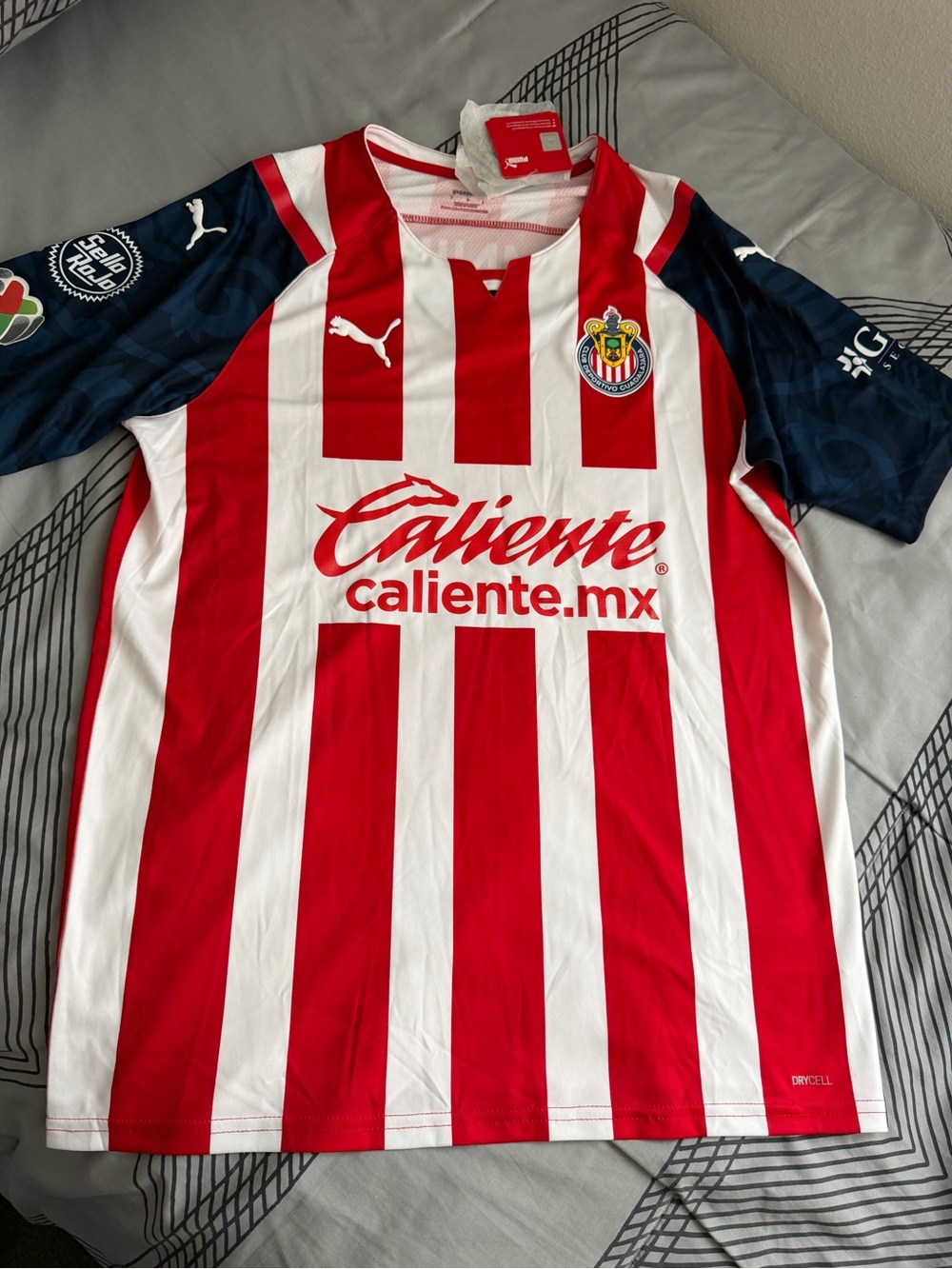 Puma Red & White Striped Soccer Jersey with Navy Sleeves